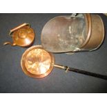 Antique copper coal scuttle, kettle and warming pan