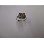 A 9ct gold and silver square form ring set with diamonds and rubies