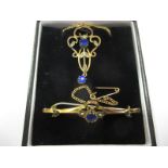 An Edwardian 9ct gold necklace and bar brooch set with seed pearls and sapphires