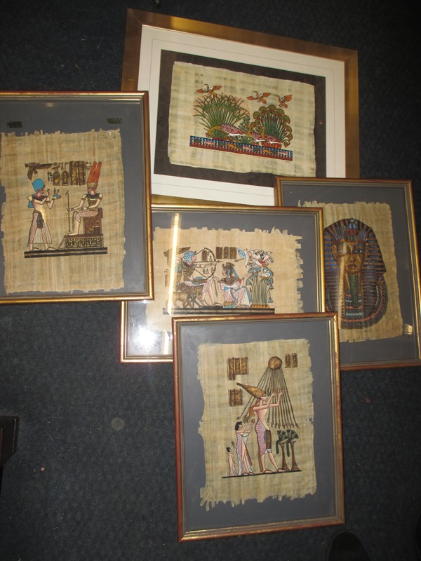 Five framed Egyptian papyrus pictures