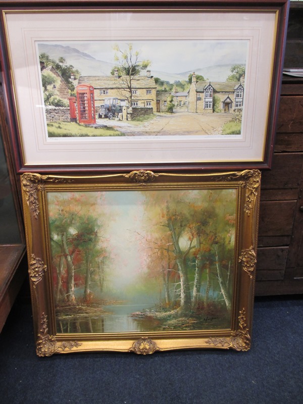 A gilt framed oil on canvas, signed L/R Sfarzino and a signed print by John Rudkin