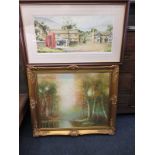 A gilt framed oil on canvas, signed L/R Sfarzino and a signed print by John Rudkin