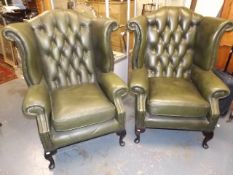 A Pair Of 20thC. Leather Chesterfield Wing Back Ch