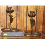 A Pair Of Brass Cobra Candlesticks & A Box Of Plat