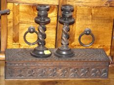 Two Barley Twist Candlesticks & A Carved Wooden Bo