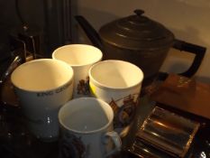A Pewter Teapot & Four Commemorative Mugs