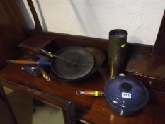 Three Pieces Of Le Creuset Ware, A Wok & A Brass S
