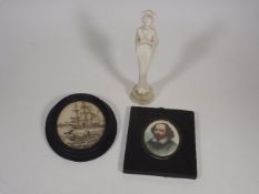 A Scrimshaw Style Ethching, A Resin Figure & A Min