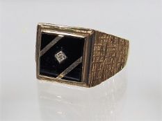 A Gents 9ct Ring With Jet & Small Diamond
