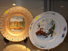 Two Decorative Plates, One Depicting Festive Scene
