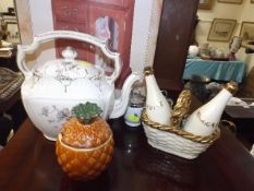 A Pottery Teapot, A Cruet Set & Pineapple Pot