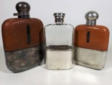 Three Antique Drinking Flasks, Two With Silver Top