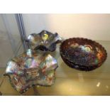 Three Coloured Carnival Glass Bowls