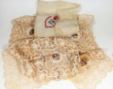 Twelve Antique Embroidered Lace Table Mats & A Sil