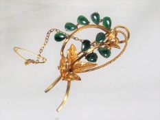 A 14ct Gold Brooch Of Organic Design Set With Jad