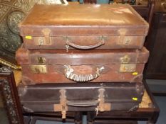 Three Early 20thC. Leather Suitcases