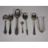 A Small Set Of Silver Tongs & Six Odd Silver Spoon