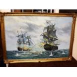 A 20thC. Gilt Framed Oil Of Galleon Battle Scene