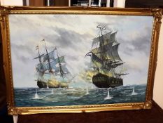 A 20thC. Gilt Framed Oil Of Galleon Battle Scene
