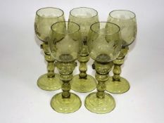 Five Etched Moser Style Hock Glasses
