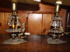 A Pair Of Brass & Crystal Lamps