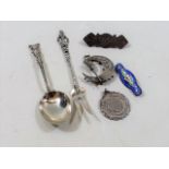 Five Pieces Of Silver & A White Metal Enamelled Br