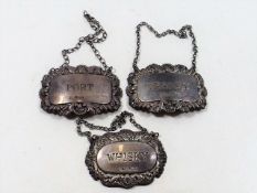 Three Silver Decanter Labels