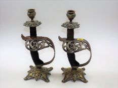 Two Early 20thC. Brass Mounted Candlesticks Formed