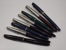 Eight Vintage Fountain Pens, Seven Parker & One Sh
