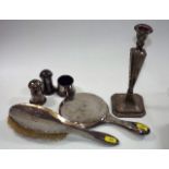 A Silver Backed Mirror & Brush, A Silver Candlesti
