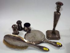 A Silver Backed Mirror & Brush, A Silver Candlesti
