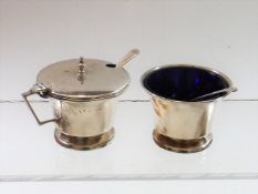 A Blue Glass Lined Silver Mustard & Condiment