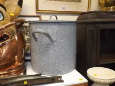 An Enamel Bin Twinned With Stoneware Pot