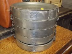Five Antique Pewter Plate Warmers