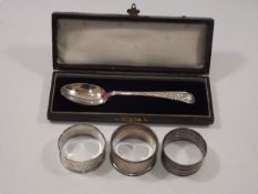 A Heavy Gauge Silver Teaspoon & Three Silver Napki
