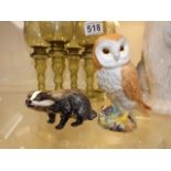 A Beswick Badger Twinned With Beswick Owl