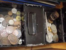 A Tin Box Containing Coins & Other Items
