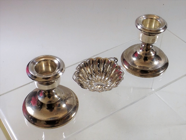 A Pair Of Silver Candlesticks & A White Metal Tea