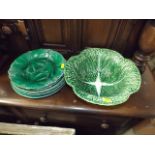 A Majolica Cabbage Leaf Bowl & Similar Plates