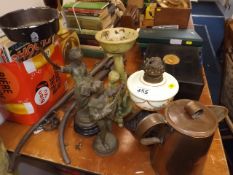 An Oil Lamp Base, Two Spelter Figures A/F & Other