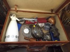 A Leather Suitcase & Various Contents