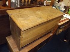 An 18thC. Elm Coffer some faults, twinned with spinning wheel a/f