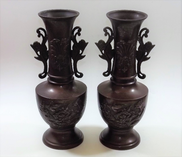 A pair of 1920's Japanese bronze vases