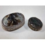 A silver moss agate mounted box, damage to hinge twinned with white metal box with agate top