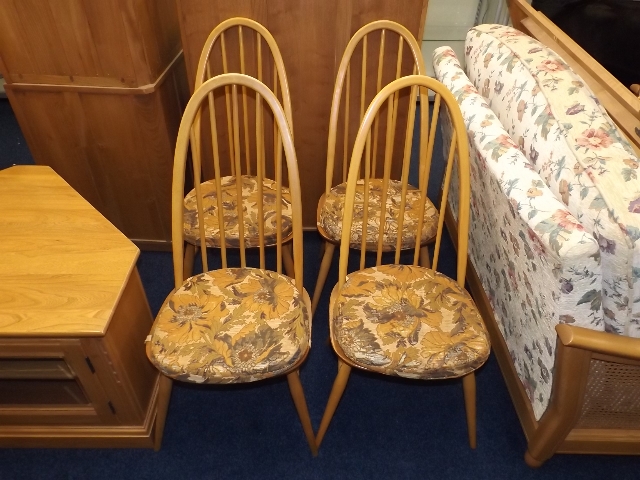 Four 1970'S Ercol Retro Elm Seated Dining Chairs