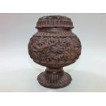 A brass lined carved Indian jar & cover