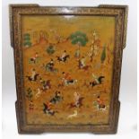 A Hand Painted Framed Panel Depicting Asian Huntin