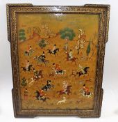 A Hand Painted Framed Panel Depicting Asian Huntin