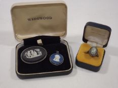 Three Wedgwood jasperware mounted pieces of jewell