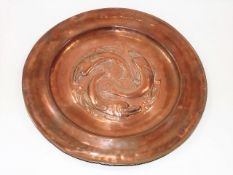 A Hayle copper tray with embossed fish decor